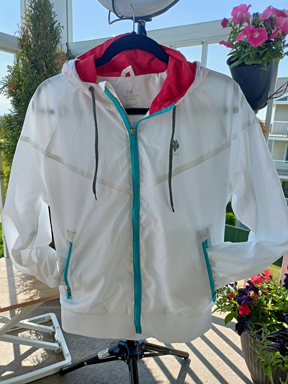 U.S. Polo Assn. Women's White Hooded Windbreaker with Pink Lining